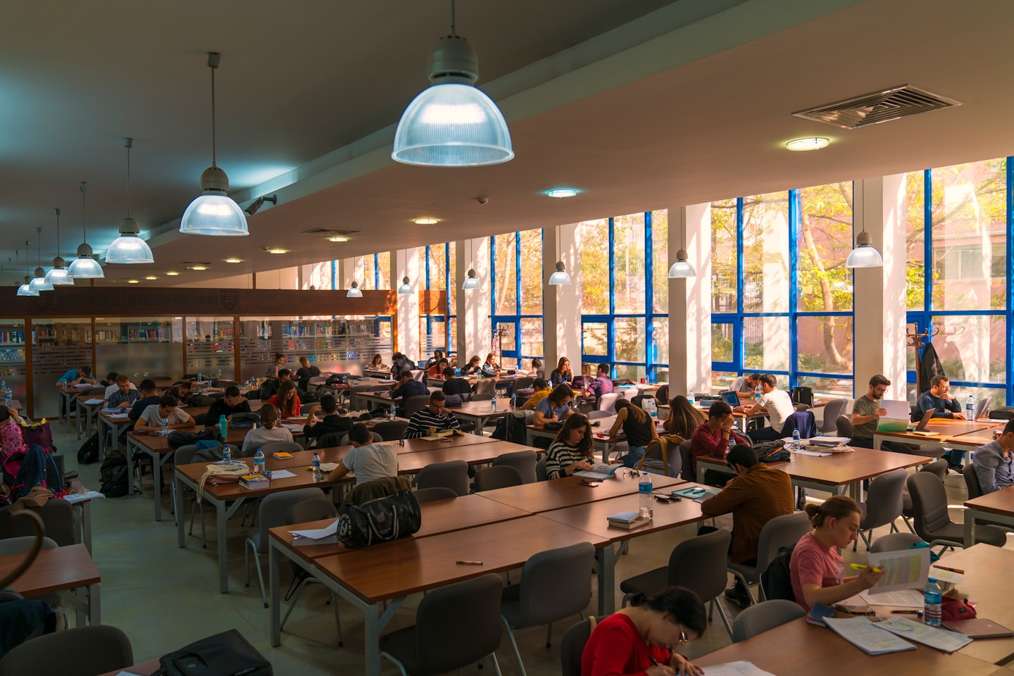 Students study with laptops at wooden tables in a library.